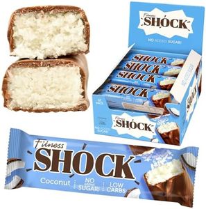 Fitness SHOCK Coconut Chocolate Bars - No Added Sugar, Low Calorie Guilt-Free Low Carb Snack - 0g Added Sugar, Only 180 Kcal, 13g Net Carbs, 7mg Sodium - 12 x 50g