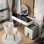 MJKCBD Dressing Table with LED Lights Mirror - White Vanity Makeup Table Set with Bluetooth Speaker & USB/Wireless Charging, 5 Drawers and Cushioned Stool (Table+Chair+Cabinet) 31.5″