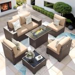 VONZOY 7 Piece Patio Furniture Set with Fire Pit Table, Outdoor Conversation Sets Wicker Rattan Sectional Sofa with Coffee Table, 4'' Thickened Cushion Beige (Include Waterproof Cover)