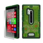 Beyond Cell Duo-Shield Durable Hybrid Hard Shell and Silicone Gel Case with Free Screen Protector for Nokia Lumia N928-Dandelion Flower-Black/Green