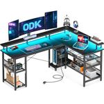 ODK L Shaped Gaming Desk with Power Outlet and LED Lights, PC Gaming Table with USB Ports, Reversible L Shape Desk with Storage Shelves & Monitor Stand, Home Office Desk (Black, 168×120cm)