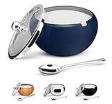 Stainless Steel Sugar Bowl with Lid and Spoon, Serving Dish, Clear Glass Lid, Storage for Salt, Candy, Coffee, Holds 2 Cups, 16 oz (Matte Navy)