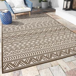 Outdoor Rug Carpet 8x10 ft, Flatweave Textured Outdoor Patio Rug Non Slip Indoor Outdoor Rugs with Rubber Particles Backing Boho Outdoor Area Rug for Patio Deck Front Porch Backyard Balcony, Brown