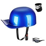 Woljay Vintage Open Face Motorcycle Helmet Retro Baseball Cap Half Helmets Men Women for Cruiser Street Scooter Moped Cap Jet with Mask Glasses - DOT Certified (Large, Blue)