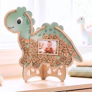Dinosaur Guest Book Alternative Keepsake Frame - Baby Shower - Birthdays - Gender Reveal - Decorations - Premium Wooden Shadow Box Nursery Decorations - Gift Idea - Wooden Tokens and Token Sign Box Included - OneASaurus Theme (Green)