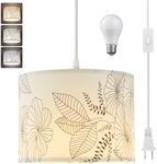 CCKZQYR Plug in Pendant Light, 15 FT Hanging Lamp with Plug in Cord, On/Off Switch, Flower Fabric Shade, 3 Color Bulb Hanging Light Fixture for Bedroom, Living Room Dining