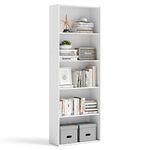 Tangkula 5-Shelf Bookcase, 23.5''L x 9.5''W x 67''H, Multi-Functional Wood Storage Display Open Bookshelf for Home Office (White)