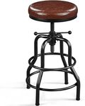 Yaheetech Industrial Bar Stool Vintage Counter Height Stool with Round Faux Leather Seat Metal Stool Adjustable Kitchen Stool 21.5-28 Inch Tall Brown, 1PCS