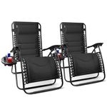 KEPLIN Set of 2 XXL Premium Heavy Duty Textoline Zero Gravity Chairs - Luxurious Garden Recliners, Adjustable Headrest, Cup & Phone Holder, Foldable & Easy to Clean Patio Sun Loungers (Black)