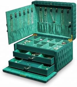 Homruilink Genuine Leather Jewelry Box for Women, 3 Layer, Green