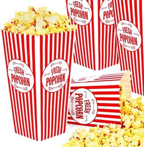 [50 Pack] Movie Theater Popcorn Boxes Disposable Red & White Striped - 46 oz Capacity - Vintage Snack Box Concession and Carnival Party Supplies, Individual Popcorn Bucket Containers