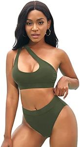 NAFLEAP High Waisted Bikini Sets Women Twist Front Top V Neck Push Up Padded Swimsuit Bathing Suits, Olive Green, Medium
