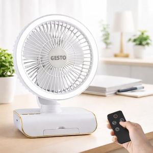 Gesto 8 Inch High Speed Rechargeable Table Fan with Remote Control | 4000mAh Battery | Automatic Oscillation | 5 Speed Modes | LED Night Light | Portable USB Charging Desk Fan for Home, Office & Study