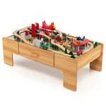 COSTWAY Wooden Train Track Set, 2-in-1 Kids Activity Table with Reversible Tabletop, 100 Pieces Toy and Storage Drawer, Creative Railway Playset for Boys Girls