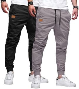 JMIERR Joggers for Men Casual Pants with Pockets and Elastic Waistband, 2 Pack, S, Black/Light Grey