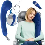 TRAVELREST All-in-One Travel Pillow for Neck & Body, Attaches to Airplane & Car Seat, Memory Foam Inserts, Washable Velour Cover, Inflatable, Stores Compact, Sleeping on Long Flights & Trips, Blue