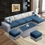 FURNY Orlando Fabric 8 Seater RHS L Shape Sectional Sofa Set with 1 Centre Table & 2 Puffy (Blue-Grey)