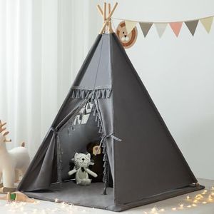 Teepee Tent for Kids, xiaowantong Kids Teepee Tent with Padded Mat, Lights, Carry Bag, Natural Cotton Canvas Washable Toddler Play Tent Indoor, Quality Teepee Tent for Girls and Boys