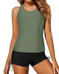 Yonique 3 Piece Tankini Swimsuits for Women Swim Tank Top Bathing Suits with Boy Shorts and Bra Athletic Swimwear, Black & Army Green, X-Small