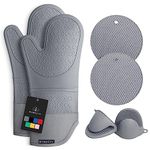 Rorecay Extra Long Oven Mitts and Pot Holders Sets: Heat Resistant Silicone Oven Mittens with Mini Oven Gloves and Hot Pads Potholders for Kitchen Baking Cooking, Quilted Liner, Pack of 6 (Grey)