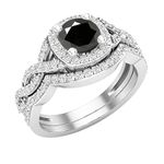 Dazzlingrock Collection 5.8mm Round Gemstone & White Diamond Infinity Swirl Halo Wedding Ring Set for Women in 925 Sterling Silver, 5.5, Black Diamond White Diamond Sterling Silver, Black Diamond