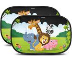 Car sunshade with optidark protection - with suction cup, for sun protection for babies and pets, 2 baby sunshades with Safari Animals