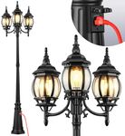 VIANIS 3-Head Outdoor Lamp Post Light with Outlet, Triple Head Black Street Light Pole with Dusk to Dawn Sensor, Waterproof 100% Aluminum Modern Pole Lighting Fixture for Porch, Garden, Yard, Driveway