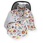 olo baby CAR SEAT Baby Blanket/Footmuff/Cosy Toes/Cotton & Waffle-Effect Mink Plush Dual Layer 80 x 80cm with Hood (Zoo/Grey)