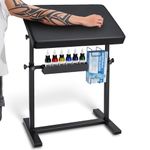 Udefineit Tattoo Armrest Stand with Black PU Leather Pad, 70° Rotation Adjustable Height Tattoo Supplies Storage Panel, Professional Sturdy Tattoo Arm Bracket with Four-Corner Base Stability Strongly