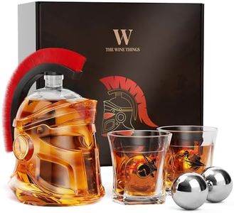 Whiskey Decanter Set, Gifts for Men, 34 Oz Spartan Helmet Liquor Dispenser with 2 Glasses & Ice Balls, Anniversary, Birthday Present for Husband, Dad, Him, Unique Home Bar Accessories
