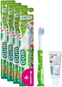 GUM cepillo de dientes GUM KIDS | para niños de 2-6 años | cabezal acolchado y pequeño | filamentos suaves | indicador de pasta de dientes | antideslizante | ventosa | 4x1 unidades (1 muestra extra)