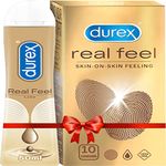 Durex Real Feel Condoms for Men - 10 Count with Long-Lasting Lubricant - 50ml |Latex Free