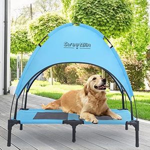 SweetBin XS/S/M Outdoor Elevated Dog Cot with Canopy & Side Shade for Camping Small Medium Dogs (Carry Bag), Portable Cooling Raised Dog Bed with and Side for Beach