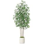 SOGUYI Ficus Artificial Tree 7ft Fake Silk Plant for Home Decor Indoor, Faux Tree in White Imitation Ceramic Planter Fake Floor Plant for Living Room and Home Office Corner Indoor Decor, Set of 1