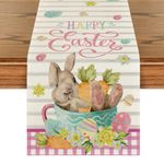 Artoid Mode Bunny Carrots Cup Pink Buffalo Plaid Easter Table Runner, Holiday Spring Kitchen Dining Table Decoration for Home Party Decor 13x72 Inch