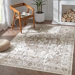 COLLACT 4x6 Area Rug - Vintage Living Room Rug Medallion Washable Rug Distressed Taupe Bedroom Rug Floral Print Rug Non Slip Rug Low Pile Thin Rug Retro Rug Carpet for Dining Room Office Kitchen