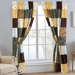 Cozy Line Home Fashions Olive Country Style Yellow Cotton Real Patchwork Window Curtains with Tie Backs Set(2 Panels,84" x 53")