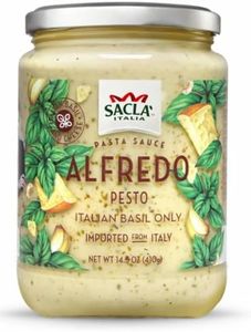 SACLA Alfredo Pasta Sauce with Basil Pesto | Creamy Italian White Pasta Sauce with Cheese & Fresh Basil | 14.5 oz Glass Jar | Imported from Italy | Non-GMO, Ready-To-Serve