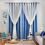 Loyala Star Curtains, Blackout Curtains for Bedroom, Cute Curtains, Kids Blackout Curtains, Double Layer Curtains, Light Blocking Curtains 63 Inch Length 2 Panels, Blue Curtains, 52 X 63 Inches