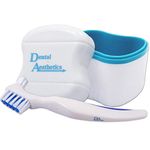 Denture Bath & Brush ~ Storage Container for Soaking Dentures, Brush with Double Bristle Head (Blue Bath)