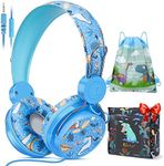 Kids Headphones, Cute Dinosaur Childrens Headphones Wired with Microphone, Adjustable Toddler headphones Over-ear for Girls and Boys, Child Headphones for School/Plane/iPad/Kindle/Fire Tablet (blue)