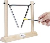 Musical Steel Triangle Percussion Instrument with Striker and Wooden Stand for Kids, Teachers' Classroom Reminder Bell