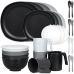 Greentainer Unbreakable Plastic Dinnerware Sets, 28 pcs Lightweight Camping Tableware Set, Microwave & Dishwasher Safe Plates Set, Bowls, Cups Mugs, Service for 4, Great for Kids & Adults