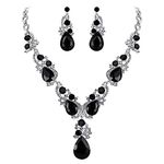 BriLove Women's Wedding Bridal Crystal Multi Teardrop Cluster Statement Necklace Dangle Earrings Set Black Silver Tone