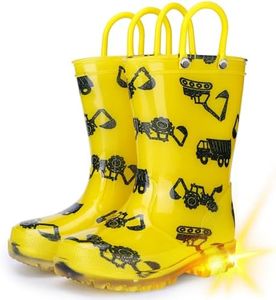 Funspread Toddler Rain Boots Boys Rain Boots - Patterns Light Up Kids Rain Boots with Easy-On Handles Lightwight Waterproof Rain Shoes Yellow Size 5