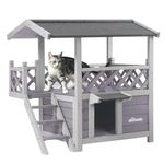 Aivituvin Wooden Outdoor 2-Storey Cat House with Waterproof Roof Balcony and Side Stairs Indoor Cat House