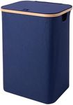 Woodluv Large Collapsible Foldable Laundry Hamper Basket with Lid & Removable Liner, Tall Laundry Hamper with Lid for Dirty Cloth Toys Towels - Navy Blue