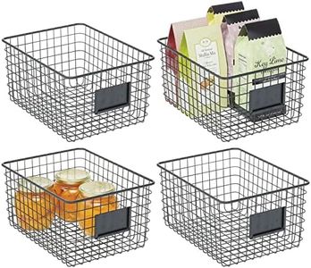 mDesign Large Steel Storage Organizer Bin Baskets with Label Slot for Kitchen Pantry, Cabinet, Cupboard, Organizing Holder for Food, Drinks, Snacks, Produce, Omaha Collection, 4 Pack, Matte Black