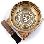 Medium Tibetan Singing Bowl Set Bronze - Easy To Play - Om Design For Meditation Sound Chakra Yoga Healing 4 Inches By Himalayan Bazaar (Gold & Yellow)
