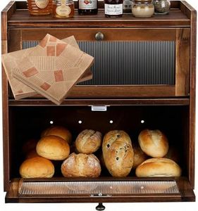 Solid Wood Bread Box for Kitchen Counter, Breadbox with 50 Count Deli Paper, Double Layer Large Capacity Bread Storage Container Acrylic Window,Food Storage Container for Kitchen